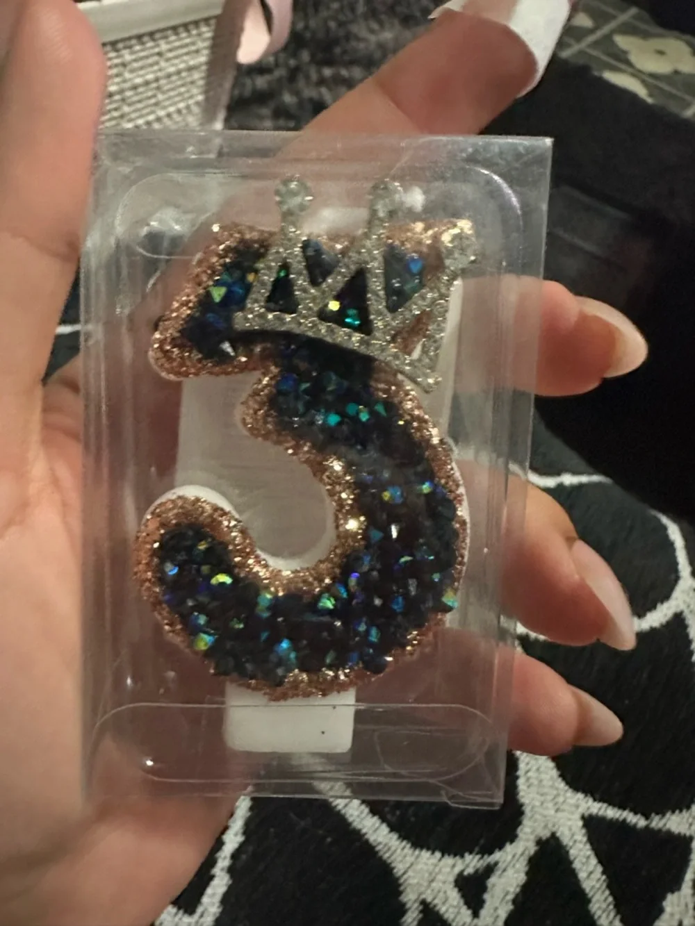 Sparkling Number 8 & 3 Candle with Rhinestone Crown - Black & Rose Gold